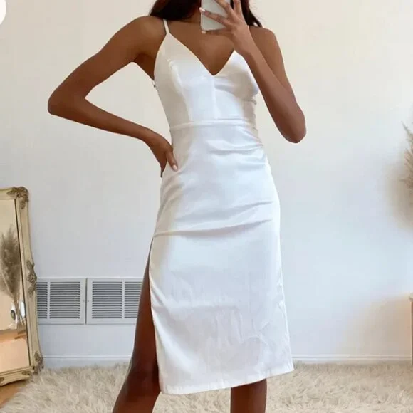 knee length dresses for ladies White Sleeveless Cowl Neck Satin Midi Slip Dress  Wear.Style